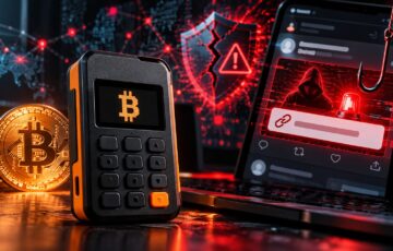 ビットコインのハードウェアウォレットと、公式Xアカウントを悪用したフィッシング攻撃を象徴する警告画面