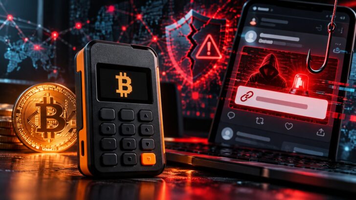 ビットコインのハードウェアウォレットと、公式Xアカウントを悪用したフィッシング攻撃を象徴する警告画面