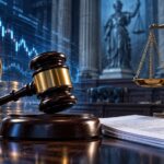 仮想通貨規制を巡る裁判を象徴する法廷の木槌と天秤、ビットコインのイメージ