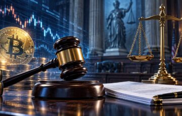仮想通貨規制を巡る裁判を象徴する法廷の木槌と天秤、ビットコインのイメージ