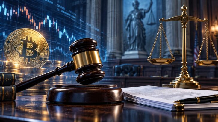 仮想通貨規制を巡る裁判を象徴する法廷の木槌と天秤、ビットコインのイメージ