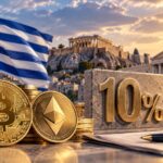 ギリシャ国旗とパルテノン神殿を背景に、ビットコインやイーサリアム、税率10%を示すプレートと裁判官の木槌を配置したイメージ