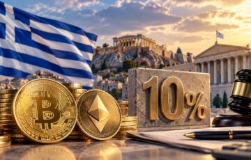 ギリシャ国旗とパルテノン神殿を背景に、ビットコインやイーサリアム、税率10％を示すプレートと裁判官の木槌を配置したイメージ