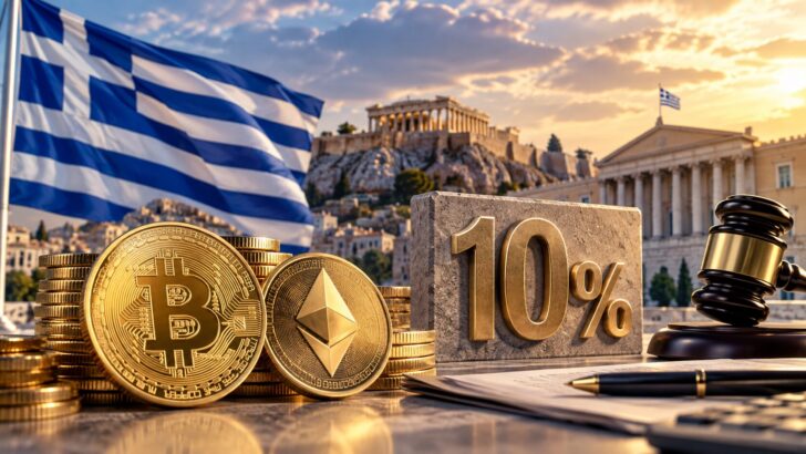 ギリシャ国旗とパルテノン神殿を背景に、ビットコインやイーサリアム、税率10%を示すプレートと裁判官の木槌を配置したイメージ