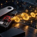 不正なハードウェア・インプラントが仕込まれたウォレットからビットコインが流出するイメージ