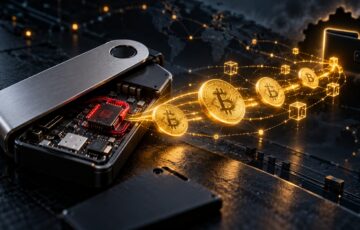 不正なハードウェア・インプラントが仕込まれたウォレットからビットコインが流出するイメージ