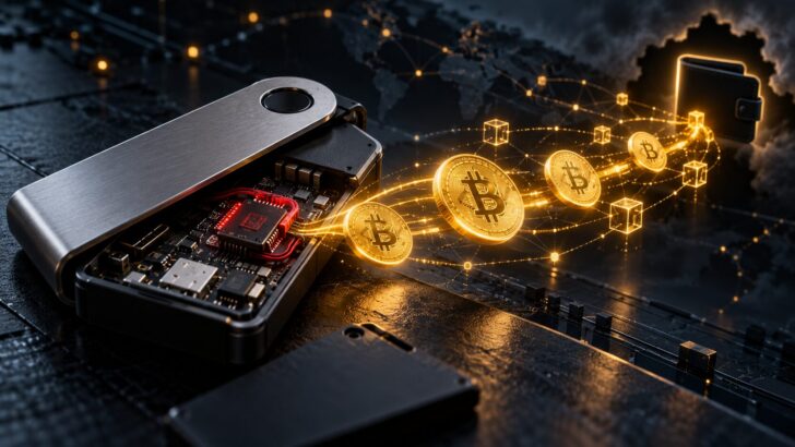 不正なハードウェア・インプラントが仕込まれたウォレットからビットコインが流出するイメージ