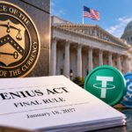 米国議会議事堂を背景に、OCCの紋章、GENIUS法の最終規則を示す文書、ステーブルコインを配置したイメージ