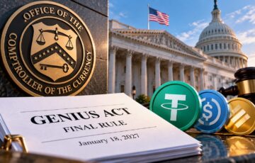 米国議会議事堂を背景に、OCCの紋章、GENIUS法の最終規則を示す文書、ステーブルコインを配置したイメージ