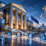 欧州の銀行建築とEUの地図を背景に、仮想通貨と銀行サービスの統合を表現したイメージ