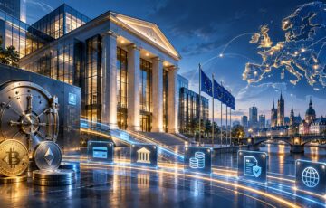 欧州の銀行建築とEUの地図を背景に、仮想通貨と銀行サービスの統合を表現したイメージ