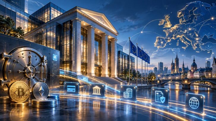 欧州の銀行建築とEUの地図を背景に、仮想通貨と銀行サービスの統合を表現したイメージ