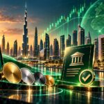 ドバイの高層ビル群を背景に、仮想通貨、株式取引チャート、金融サービスの認可を象徴するデジタルイメージ