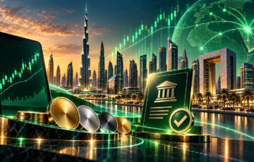 ドバイの高層ビル群を背景に、仮想通貨、株式取引チャート、金融サービスの認可を象徴するデジタルイメージ