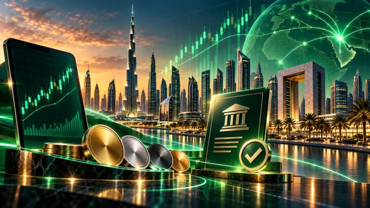 ドバイの高層ビル群を背景に、仮想通貨、株式取引チャート、金融サービスの認可を象徴するデジタルイメージ