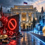 ロシア中央銀行によるP2P仮想通貨取引の禁止を象徴する赤い禁止マークと、認可取引所への移行を表現したイメージ
