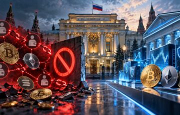 ロシア中央銀行によるP2P仮想通貨取引の禁止を象徴する赤い禁止マークと、認可取引所への移行を表現したイメージ