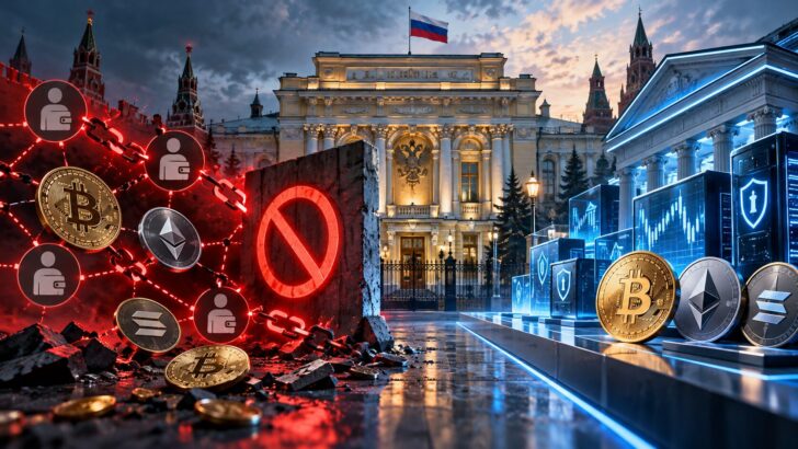 ロシア中央銀行によるP2P仮想通貨取引の禁止を象徴する赤い禁止マークと、認可取引所への移行を表現したイメージ
