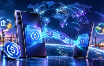 2台のGalaxyスマートフォン間でUSDCが送金され、世界地図と光のネットワークを背景に国際送金を表現したイメージ