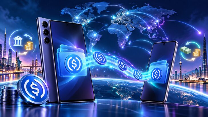 2台のGalaxyスマートフォン間でUSDCが送金され、世界地図と光のネットワークを背景に国際送金を表現したイメージ