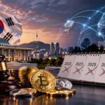 韓国の仮想通貨課税延期をテーマに、韓国国旗、ビットコイン、税制を象徴する木槌、2029年のカレンダーを描いたイメージ