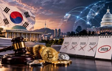 韓国の仮想通貨課税延期をテーマに、韓国国旗、ビットコイン、税制を象徴する木槌、2029年のカレンダーを描いたイメージ