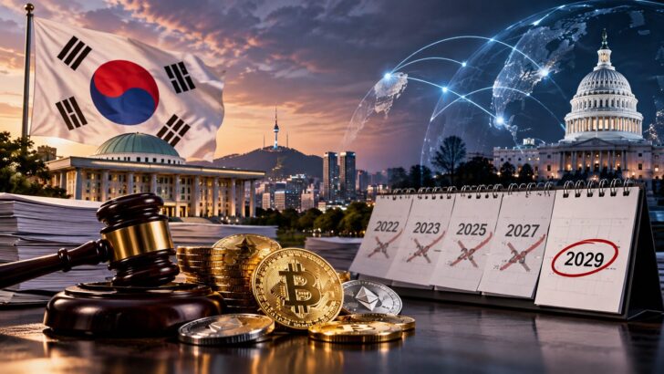 韓国の仮想通貨課税延期をテーマに、韓国国旗、ビットコイン、税制を象徴する木槌、2029年のカレンダーを描いたイメージ