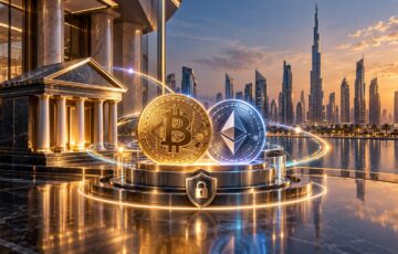 ドバイの都市景観を背景に、銀行とビットコイン、イーサリアムを配置した仮想通貨取引サービスのイメージ