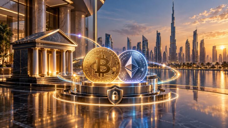 ドバイの都市景観を背景に、銀行とビットコイン、イーサリアムを配置した仮想通貨取引サービスのイメージ
