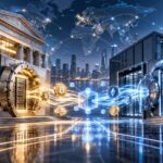 伝統的な銀行とデジタル資産保管施設を背景に、仮想通貨カストディ事業の統合を表現したイメージ