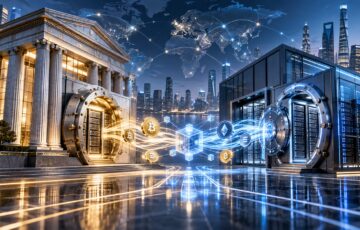 伝統的な銀行とデジタル資産保管施設を背景に、仮想通貨カストディ事業の統合を表現したイメージ