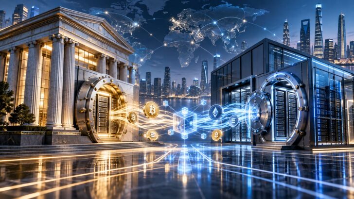 伝統的な銀行とデジタル資産保管施設を背景に、仮想通貨カストディ事業の統合を表現したイメージ