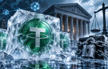 氷に閉じ込められたUSDTコインと鎖で封鎖されたウォレット、背景に裁判所と正義の天秤を描いたイメージ