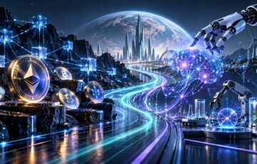 仮想通貨とブロックチェーンを象徴するコインやネットワークから、AI、ロボット工学、バイオテクノロジーへと広がる未来都市のイメージ