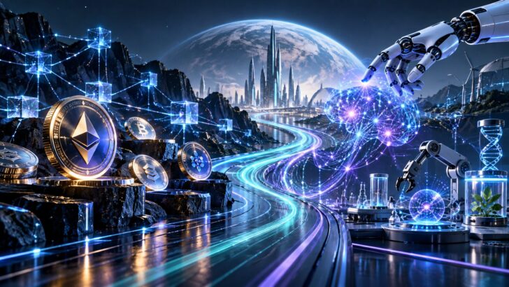 仮想通貨とブロックチェーンを象徴するコインやネットワークから、AI、ロボット工学、バイオテクノロジーへと広がる未来都市のイメージ