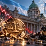 アルゼンチンの国旗と裁判所を背景に、LIBRAを象徴する仮想通貨、裁判官の木槌、価格暴落を示すチャートを描いたイメージ