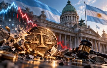 アルゼンチンの国旗と裁判所を背景に、LIBRAを象徴する仮想通貨、裁判官の木槌、価格暴落を示すチャートを描いたイメージ
