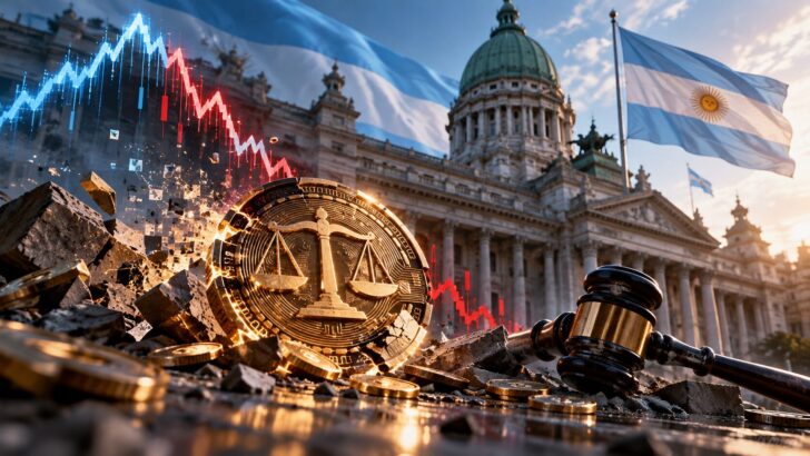 アルゼンチンの国旗と裁判所を背景に、LIBRAを象徴する仮想通貨、裁判官の木槌、価格暴落を示すチャートを描いたイメージ