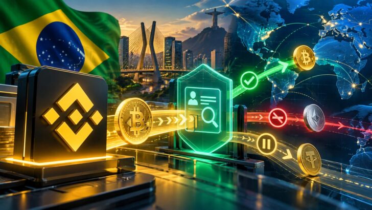 ブラジルの仮想通貨送金に対する新たな情報開示ルールと、バイナンスによる国際送金の審査を表現したアイキャッチ画像