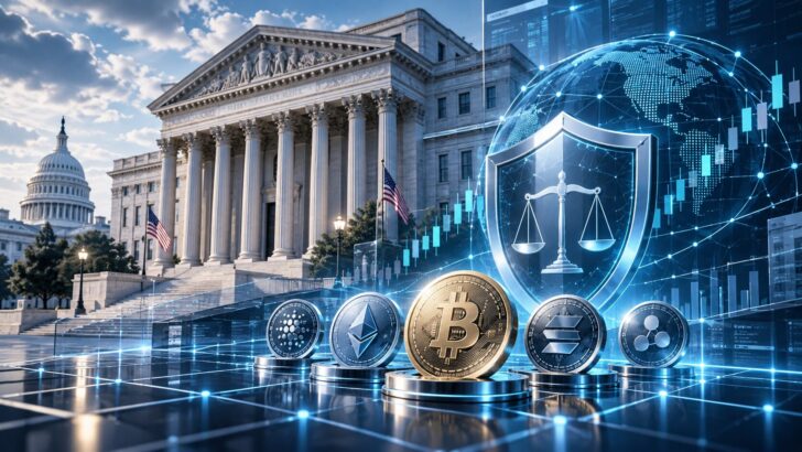 米国の政府機関と仮想通貨市場をイメージした、CFTCの新たな規制案を表現するアイキャッチ画像