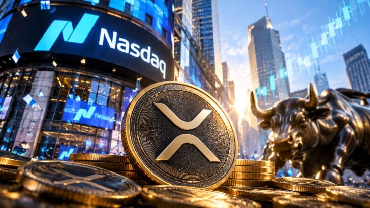 ナスダック市場の建物を背景に、XRPのコインと強気相場を象徴する雄牛を描いたイメージ