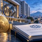 IMFによるエルサルバドル融資とビットコイン政策を表現したイメージ