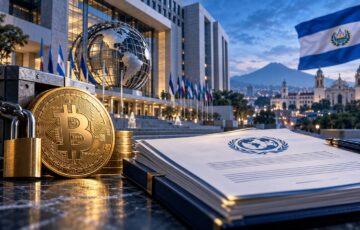 IMFによるエルサルバドル融資とビットコイン政策を表現したイメージ