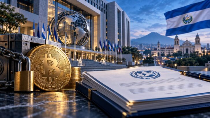 IMFによるエルサルバドル融資とビットコイン政策を表現したイメージ