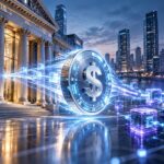 JPモルガンの預金トークン「JPMコイン」がイーサリアムへ拡大し、銀行とブロックチェーンの接続を表現したイメージ