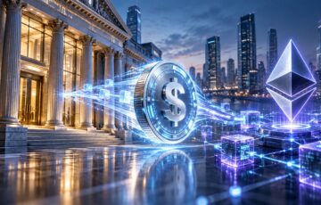 JPモルガンの預金トークン「JPMコイン」がイーサリアムへ拡大し、銀行とブロックチェーンの接続を表現したイメージ