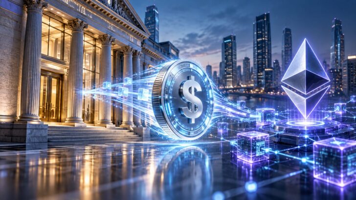 JPモルガンの預金トークン「JPMコイン」がイーサリアムへ拡大し、銀行とブロックチェーンの接続を表現したイメージ