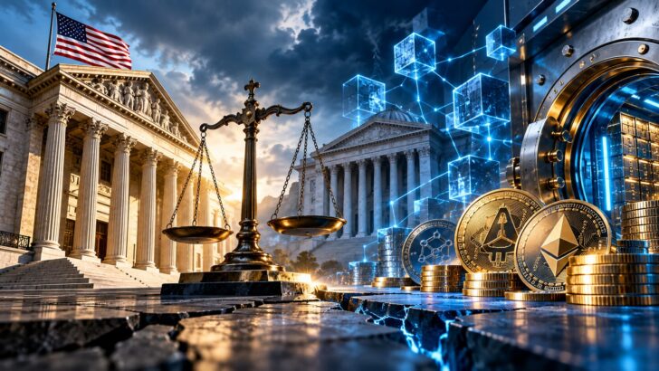 米国の銀行規制と仮想通貨信託銀行を巡る対立を表現したイメージ