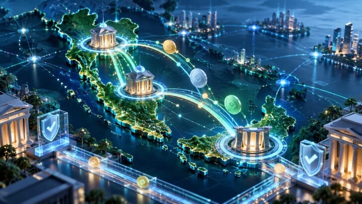 シンガポール、マレーシア、タイを結ぶデジタル金融ネットワークと、ステーブルコインによる国境を越えた決済を表現したイメージ