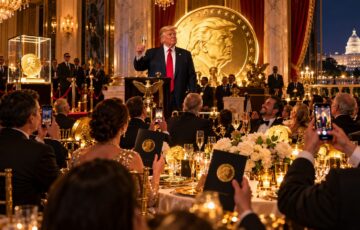 トランプ氏とTRUMPミームコインを象徴する豪華なガラディナーのイメージ